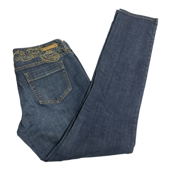 Express Y2K X2 Quality Denim Jeans Sz 8 Zelda Skinny Low Rise w/ Gold Embroidery - Picture 1 of 11